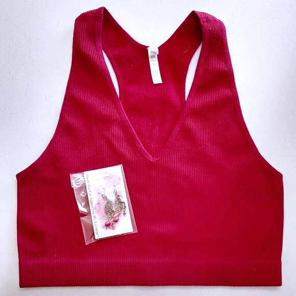 2X/3X Zenana Cranberry Ribbed Crop Top/Bralette/ Sportsbra & Matched Earrings - Picture 1 of 11